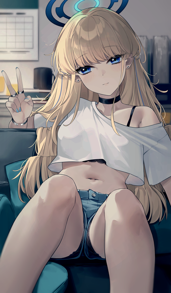 Anime picture 1520x2600 with blue archive toki (blue archive) wakamepiza single long hair tall image looking at viewer fringe blue eyes light erotic blonde hair sitting bent knee (knees) indoors blunt bangs nail polish head tilt off shoulder short sleeves midriff