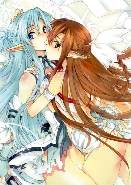 Anime picture 1553x2200 with sword art online a-1 pictures yuuki asuna asuna (sao-alo) creayus long hair tall image blue eyes light erotic brown hair multiple girls brown eyes blue hair pointy ears elf girl dress 2 girls detached sleeves