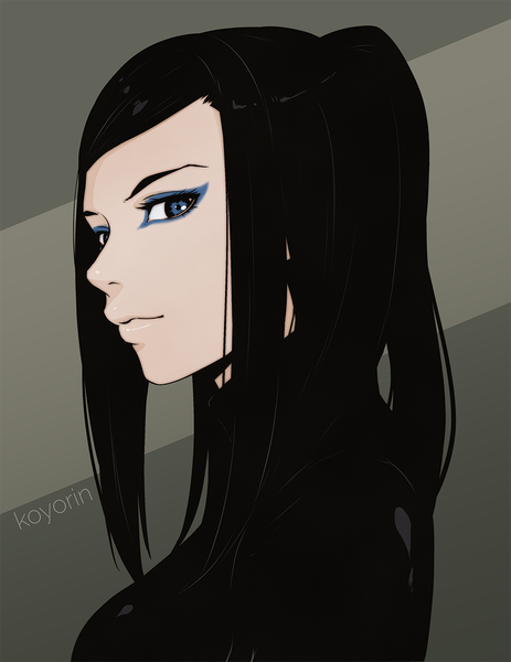 Anime picture 900x1165 with ergo proxy re-l mayer koyoriin single long hair tall image looking at viewer blue eyes black hair simple background signed payot upper body profile grey background portrait eyeshadow ilya kuvshinov (style) girl