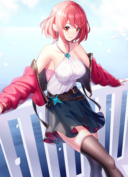 Anime picture 869x1200 with xenoblade xenoblade 2 pyra (xenoblade) ririko (zhuoyandesailaer) single tall image looking at viewer blush fringe short hair smile red eyes standing bare shoulders payot sky outdoors red hair off shoulder arm support