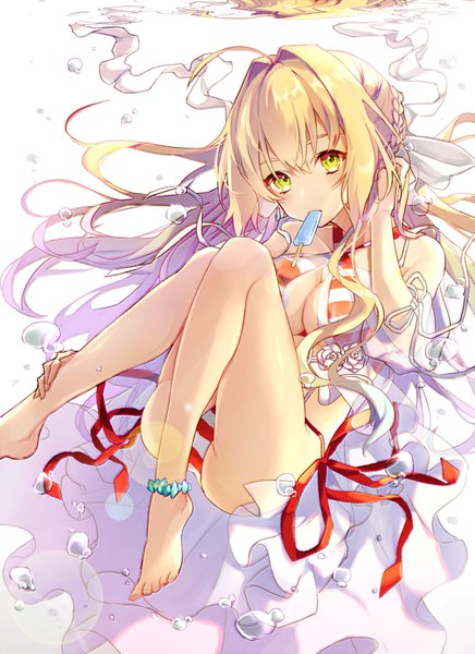 Anime picture 900x1237 with fate (series) fate/grand order nero claudius (fate) nero claudius (swimsuit caster) (fate) fujikiri yana single long hair tall image looking at viewer fringe breasts light erotic blonde hair hair between eyes green eyes ahoge floating hair underwater girl swimsuit