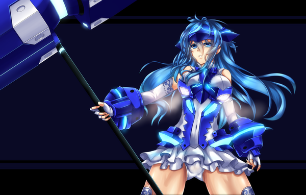 Anime picture 1600x1020 with vividred operation vividblue fi-san single long hair looking at viewer blue eyes light erotic blue hair pantyshot girl gloves underwear panties elbow gloves suit hammer