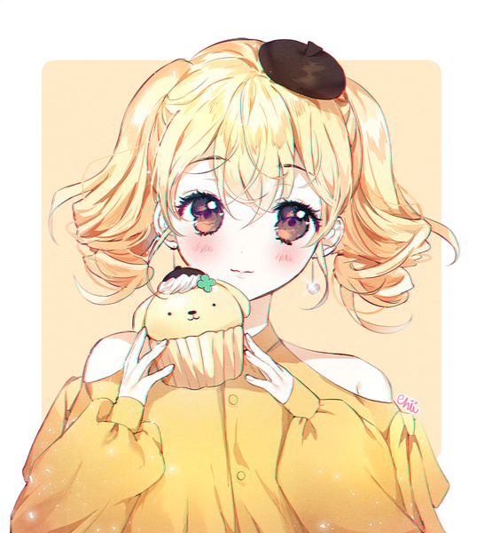 Anime picture 800x891 with sanrio pompompurin chii (nyaong9) single tall image looking at viewer blush fringe short hair blonde hair hair between eyes twintails bare shoulders holding brown eyes signed upper body light smile sparkle border