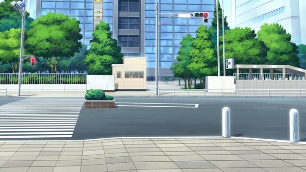 Anime picture 1820x1024 with hapymaher purple software highres wide image game cg no people crosswalk plant (plants) tree (trees) building (buildings) road traffic lights