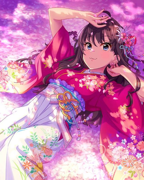 Anime picture 640x800 with idolmaster idolmaster cinderella girls ichinose shiki single long hair tall image looking at viewer blush fringe blue eyes smile brown hair ahoge bent knee (knees) lying long sleeves traditional clothes japanese clothes hair flower sunlight