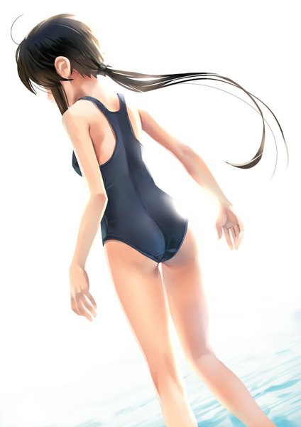 Anime picture 636x900 with original katahira masashi single long hair tall image light erotic brown hair looking away ahoge ass ponytail from behind sunlight bare legs girl swimsuit water one-piece swimsuit