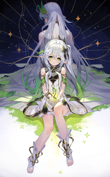 Anime picture 1559x2500 with genshin impact nahida (genshin impact) rukkhadevata (genshin impact) scottie (phantom2) long hair tall image looking at viewer blush fringe hair between eyes sitting multiple girls holding green eyes silver hair full body very long hair parted lips head tilt pointy ears