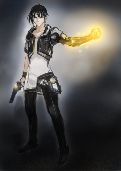 Anime picture 2480x3508 with original okuto single tall image looking at viewer fringe highres short hair black hair simple background hair between eyes standing holding full body black eyes short sleeves outstretched arm serious boy weapon