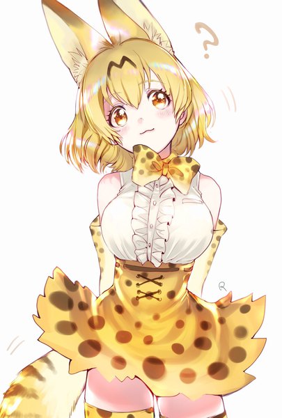 Anime picture 1378x2039 with kemono friends serval (kemono friends) rosette (roze-ko) single tall image blush fringe short hair blonde hair simple background hair between eyes white background animal ears yellow eyes tail animal tail zettai ryouiki looking up hands behind back :3