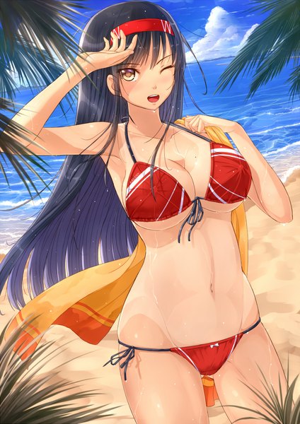 Anime picture 1446x2046 with original kazeno single long hair tall image open mouth light erotic black hair smile bare shoulders brown eyes sky cloud (clouds) one eye closed wink beach girl navel swimsuit bikini