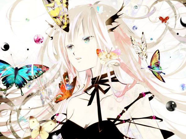 Anime picture 2000x1500 with original mochikin (jijijin) single long hair fringe highres open mouth blonde hair bare shoulders pink hair multicolored hair aqua eyes off shoulder teeth multicolored eyes girl ribbon (ribbons) choker insect butterfly