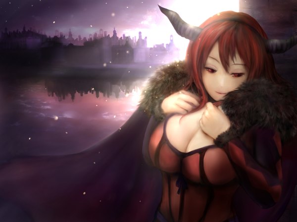 Anime picture 1600x1200 with maoyuu maou yuusha arms corporation maou (maoyuu) zhang xiao bo single long hair breasts light erotic red eyes large breasts looking away red hair horn (horns) girl dress