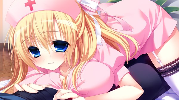 Anime picture 1280x720 with pure girl mekami suzu nanaka mai long hair blush breasts blue eyes light erotic blonde hair wide image large breasts game cg nurse girl thighhighs white thighhighs nurse cap