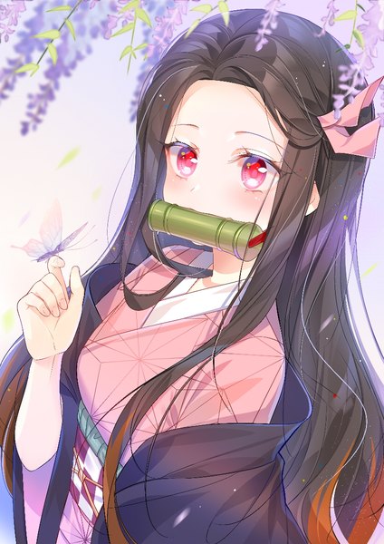 Anime picture 826x1169 with kimetsu no yaiba ufotable kamado nezuko hate ani hikae single long hair tall image looking at viewer blush black hair simple background red eyes holding payot upper body traditional clothes japanese clothes multicolored hair off shoulder two-tone hair