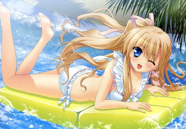 Anime picture 5875x4083 with purple software minase lin long hair highres blue eyes blonde hair absurdres ponytail one eye closed wink girl swimsuit splashes wave (waves)