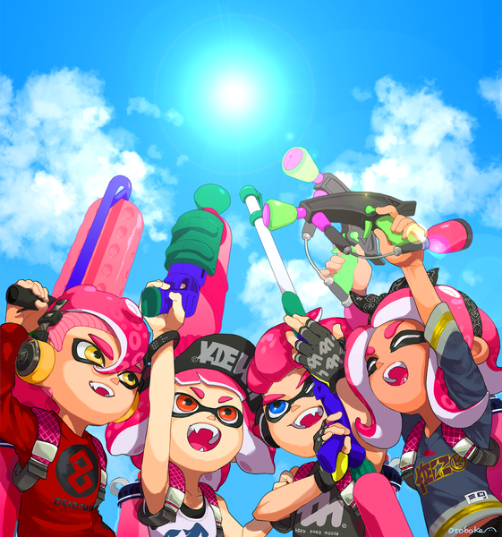 Anime picture 1662x1777 with splatoon splatoon 2 nintendo inkling octoling otoboke-san tall image short hair open mouth blue eyes red eyes multiple girls holding yellow eyes pink hair sky cloud (clouds) eyes closed arm up multiple boys