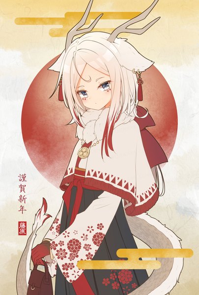 Anime picture 1896x2807 with original coreytaiyo single long hair tall image looking at viewer highres animal ears white hair red hair tail traditional clothes japanese clothes multicolored hair horn (horns) fingernails grey eyes piercing facial mark ear piercing