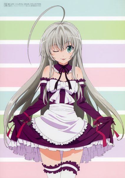 Anime picture 1962x2776 with haiyore! nyaruko-san nyaruko single long hair tall image highres blue eyes bare shoulders silver hair ahoge one eye closed wink scan :p girl thighhighs dress gloves white thighhighs elbow gloves