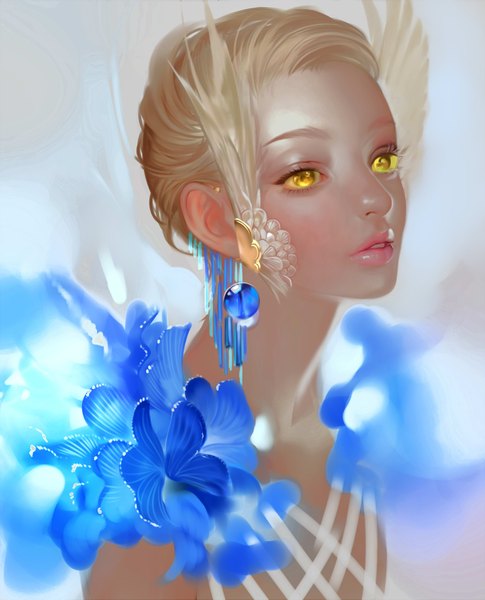 Anime picture 1500x1853 with original airspace (artist) single tall image looking at viewer short hair blonde hair yellow eyes lips realistic girl hair ornament flower (flowers) earrings