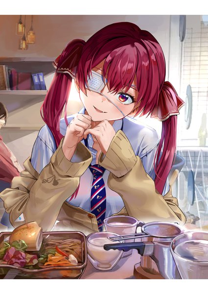 Anime picture 2833x4000 with virtual youtuber hololive houshou marine ssamjang (misosan) long hair tall image looking at viewer blush fringe highres open mouth smile hair between eyes red eyes sitting twintails upper body red hair indoors long sleeves