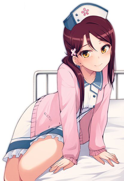 Anime picture 940x1360 with love live! sunshine!! sunrise (studio) love live! sakurauchi riko nanotsuki single long hair tall image looking at viewer blush hair between eyes sitting yellow eyes red hair light smile arm support open jacket bare legs nurse girl