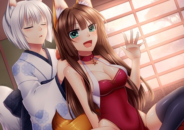 Anime picture 3507x2480 with original konshin long hair blush highres short hair open mouth light erotic brown hair multiple girls green eyes animal ears absurdres cleavage white hair eyes closed japanese clothes animal tail girl 2 girls