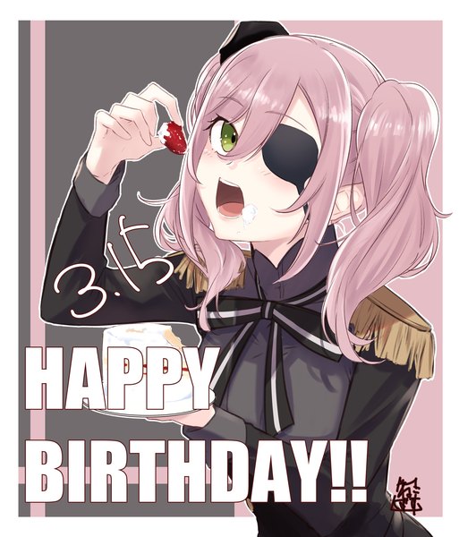 Anime-Bild 1750x2047 mit spy kyoushitsu annette (spy kyoushitsu) akira miku ver single long hair tall image looking at viewer fringe highres hair between eyes twintails green eyes signed pink hair upper body border dated outside border happy birthday food on face