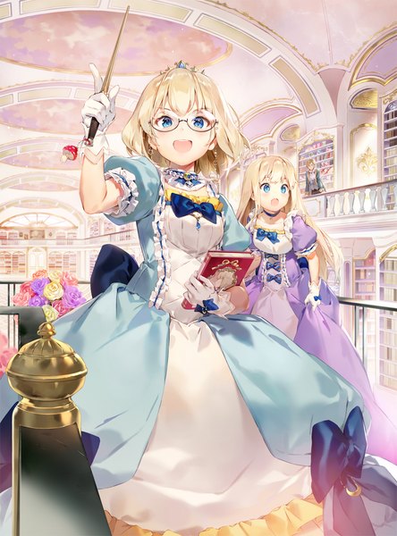 Anime picture 900x1217 with tearmoon teikoku monogatari mia luna tearmoon miabel luna tearmoon ludwig hewitt gilse long hair tall image short hair open mouth blue eyes blonde hair multiple girls indoors :d official art cover novel illustration cover page girl dress