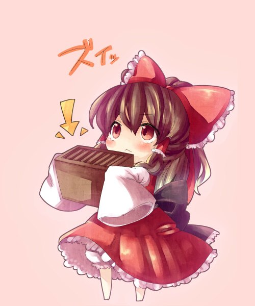 Anime picture 1000x1200 with touhou hakurei reimu yuuya tall image blush simple background red eyes brown hair traditional clothes inscription wide sleeves miko chibi frilly skirt girl bow hair bow hair tubes directional arrow donation box