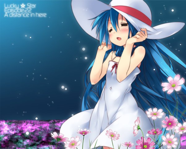 Anime picture 1280x1024 with lucky star kyoto animation izumi konata single long hair blush fringe open mouth hair between eyes standing bare shoulders blue hair outdoors eyes closed arm up wind night night sky light nature