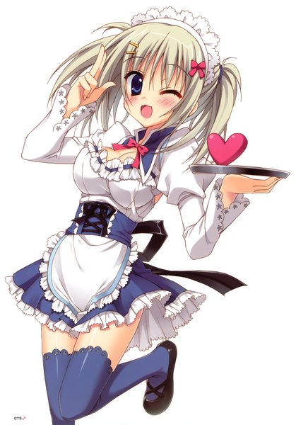 Anime picture 2446x3500 with ore to ichino no game doukoukai katsudou nisshi sawamura kirika moribe (rabumanyo) single long hair tall image blush highres blue eyes simple background white background white hair one eye closed wink scan maid girl thighhighs headdress heart