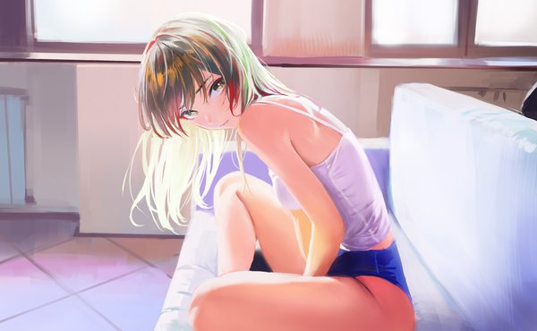 Anime picture 4096x2526 with original arata yokoyama single long hair looking at viewer fringe highres hair between eyes brown hair wide image sitting bare shoulders absurdres multicolored hair leaning leaning forward streaked hair turning head multicolored eyes indian style