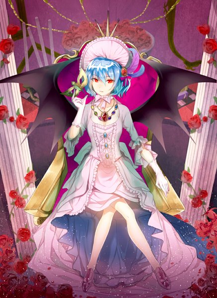 Anime picture 774x1061 with touhou remilia scarlet hayama eishi tall image short hair red eyes sitting blue hair crossed legs girl dress gloves flower (flowers) wings bonnet