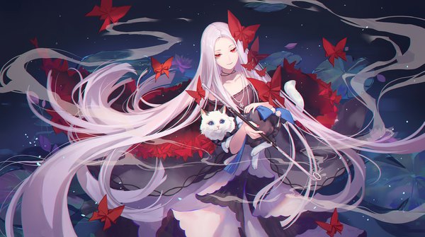 Anime-Bild 1929x1080 mit forever 7th capital criin single looking at viewer highres red eyes wide image white hair very long hair nail polish from above floating hair smoke red nail polish girl dress flower (flowers) bow animal pendant