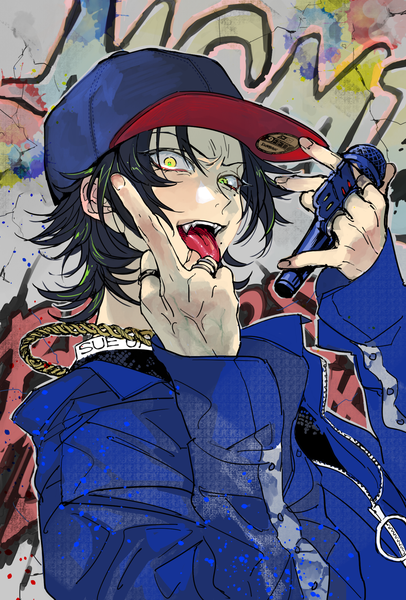 Anime picture 1000x1479 with hypnosis mic yamada jirou sugoi toyao single tall image looking at viewer short hair open mouth black hair yellow eyes upper body fingernails middle finger boy tongue ring microphone baseball cap