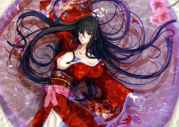 Anime picture 4092x2893 with original rayxray single long hair looking at viewer blush highres light erotic black hair absurdres traditional clothes japanese clothes black eyes girl petals water kimono obi fish (fishes)