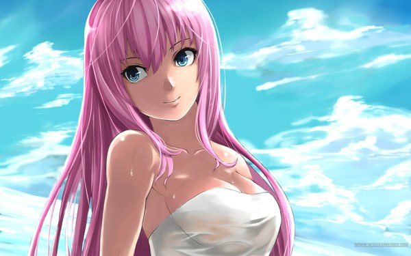 Anime picture 1920x1200 with vocaloid megurine luka emcconerock428 long hair highres breasts blue eyes light erotic smile wide image bare shoulders looking away pink hair sky cloud (clouds) very long hair body blush girl