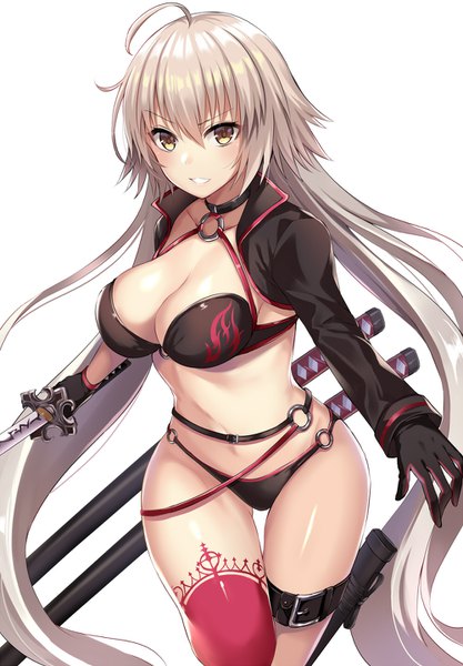 Anime picture 1000x1438 with fate (series) fate/grand order jeanne d'arc (fate) (all) jeanne d'arc alter (fate) jeanne d'arc alter (swimsuit berserker) (fate) harimoji single tall image looking at viewer blush fringe breasts light erotic simple background smile hair between eyes large breasts standing white background holding
