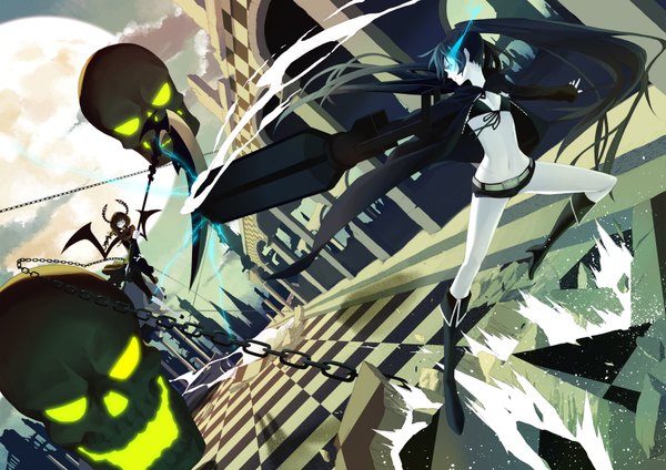 Anime picture 3508x2480 with black rock shooter black rock shooter (character) dead master rozer long hair highres blue eyes black hair twintails multiple girls horn (horns) midriff legs glowing scar glowing eye (eyes) checkered floor battle destruction girl