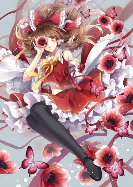 Anime picture 712x1000 with touhou hakurei reimu hagiwara rin single long hair tall image looking at viewer brown hair brown eyes girl dress skirt flower (flowers) bow hair bow detached sleeves insect butterfly skirt set