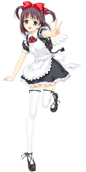 Anime picture 1500x3000 with zettai shougeki platonic heart hiroishi rin happoubi jin single tall image blush short hair open mouth black hair twintails green eyes maid loli short twintails victory transparent background girl thighhighs bow hair bow