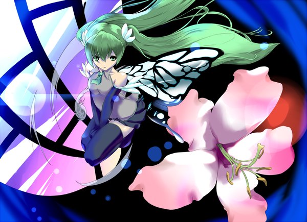 Anime picture 1100x799 with vocaloid hatsune miku green eyes very long hair green hair girl flower (flowers)