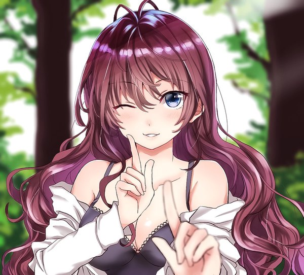 Anime picture 1024x926 with idolmaster idolmaster cinderella girls ichinose shiki hamu (plot sy) single long hair looking at viewer blush fringe breasts open mouth blue eyes light erotic smile hair between eyes brown hair large breasts bare shoulders cleavage ahoge