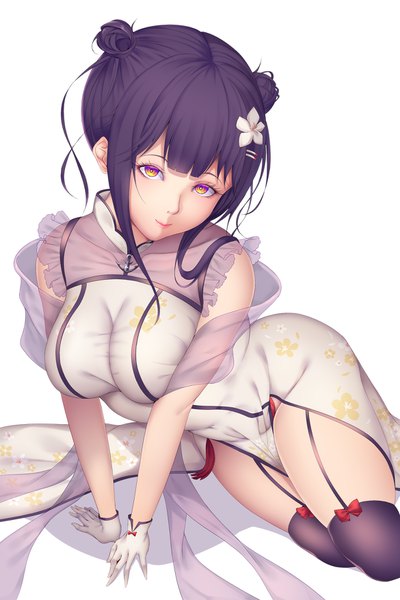 Anime picture 1170x1754 with azur lane mullany (azur lane) mullany (eastern radiance fashion) (azur lane) shiro usagi single tall image looking at viewer fringe short hair breasts light erotic simple background large breasts white background sitting yellow eyes payot purple hair traditional clothes hair flower