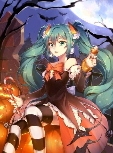 Anime picture 1700x2300 with vocaloid hatsune miku shimizu sorrow qingshui ai single tall image looking at viewer open mouth twintails very long hair aqua eyes aqua hair halloween girl thighhighs dress hair ornament detached sleeves animal moon