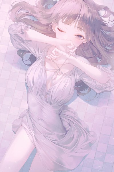 Anime-Bild 1666x2500 mit original seol single long hair tall image looking at viewer blush fringe breasts brown hair brown eyes lying blunt bangs one eye closed arms up on back covered mouth floor girl dress