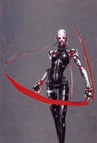 Anime picture 1024x1511 with blame! nihei tsutomu single tall image simple background monster girl latex girl weapon