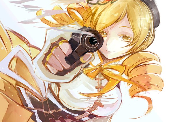 Anime picture 800x566 with mahou shoujo madoka magica shaft (studio) tomoe mami tato single long hair looking at viewer simple background blonde hair smile white background twintails yellow eyes low twintails drill hair smoke magical girl girl skirt weapon