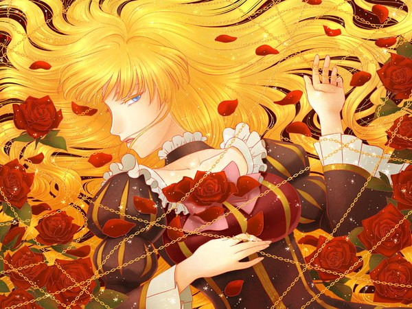 Anime picture 1000x750 with umineko no naku koro ni beatrice 16 16 long hair blue eyes blonde hair girl dress flower (flowers) petals rose (roses) chain red rose