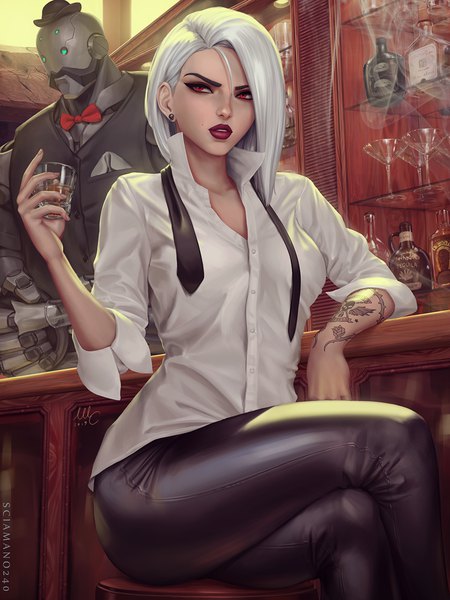 Anime picture 960x1280 with overwatch blizzard entertainment ashe (overwatch) bob (overwatch) sciamano240 single tall image short hair breasts red eyes sitting holding signed looking away white hair indoors parted lips realistic mole tattoo